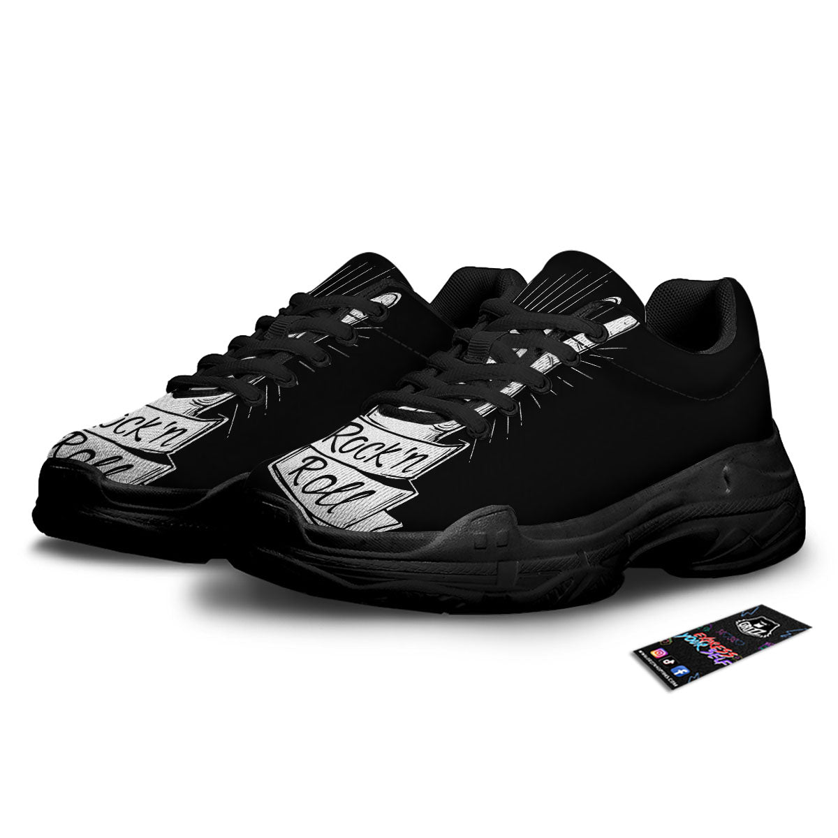 Rock And Roll White And Black Print Black Chunky Shoes-grizzshop