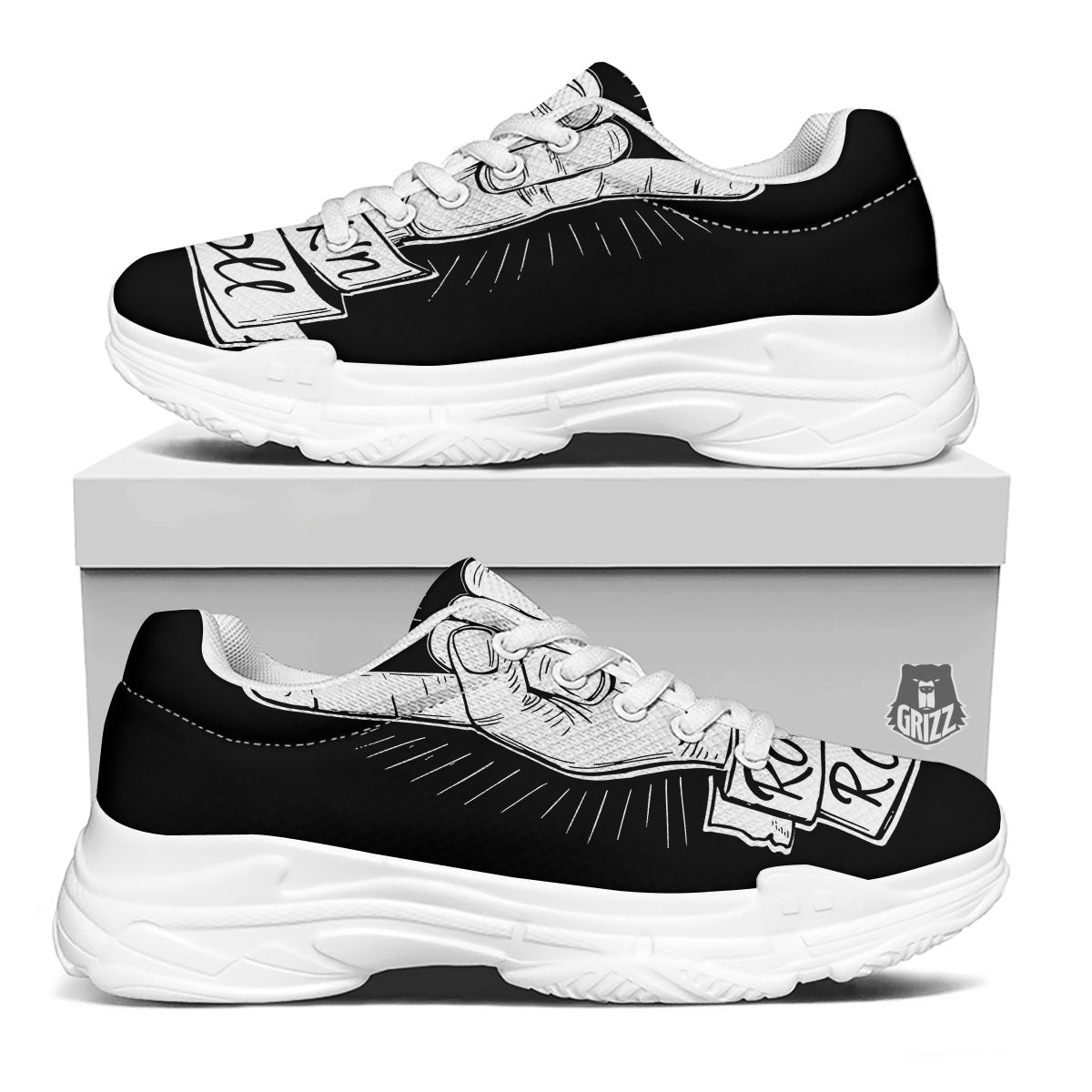 Rock And Roll White And Black Print White Chunky Shoes-grizzshop