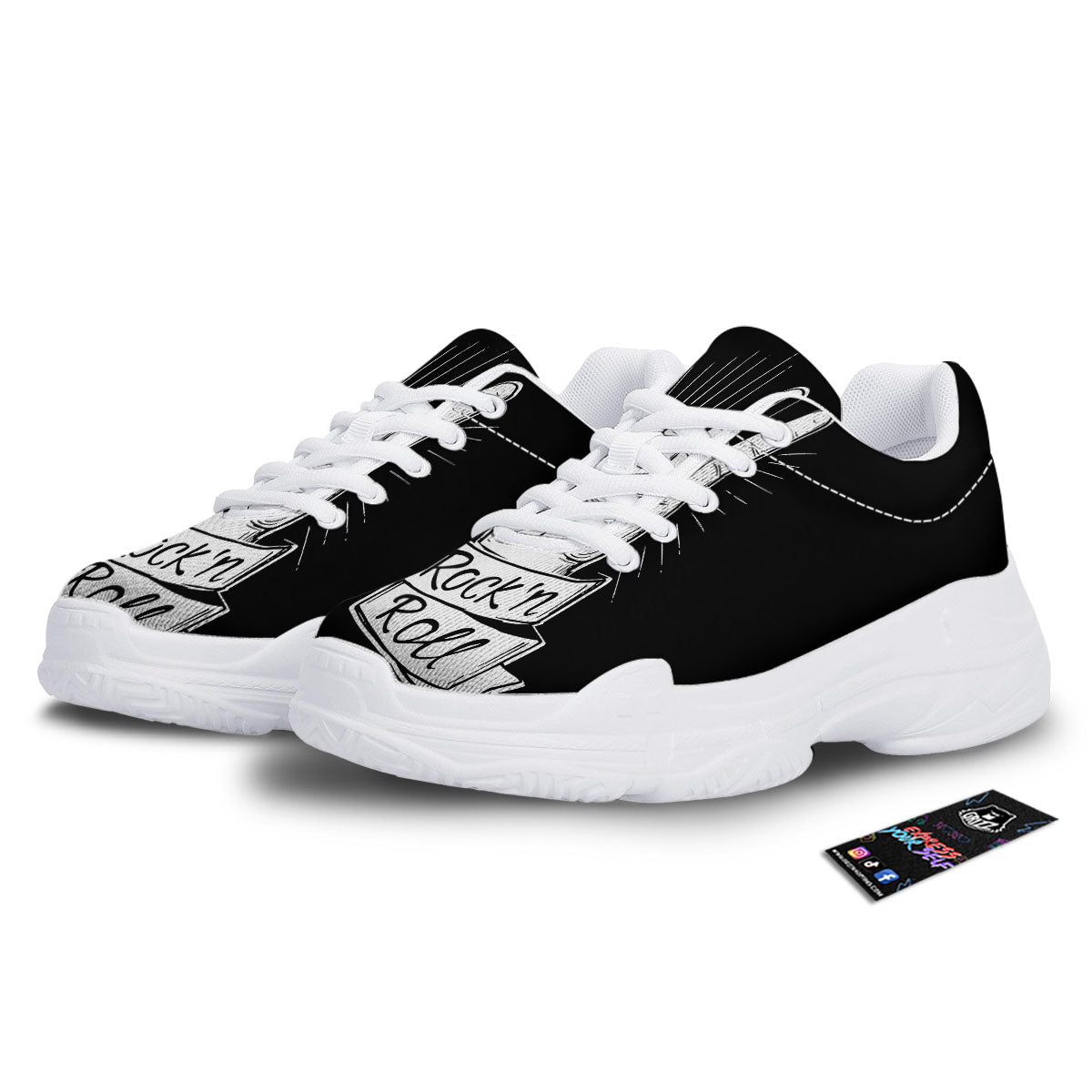 Rock And Roll White And Black Print White Chunky Shoes-grizzshop