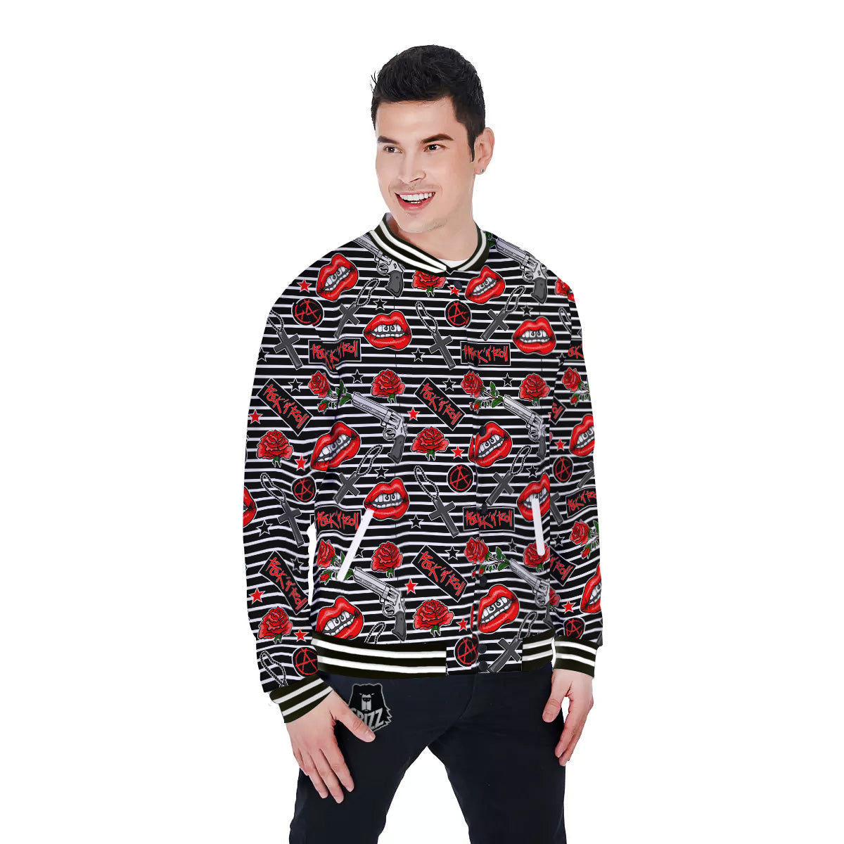 Rock’N’Roll Stiped Black White Print Pattern Baseball Jacket-grizzshop