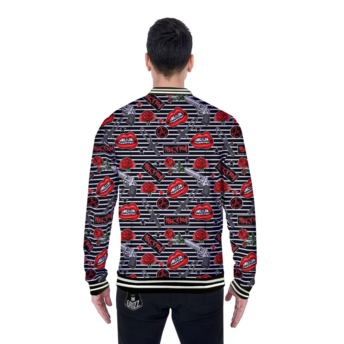 Rock’N’Roll Stiped Black White Print Pattern Baseball Jacket-grizzshop