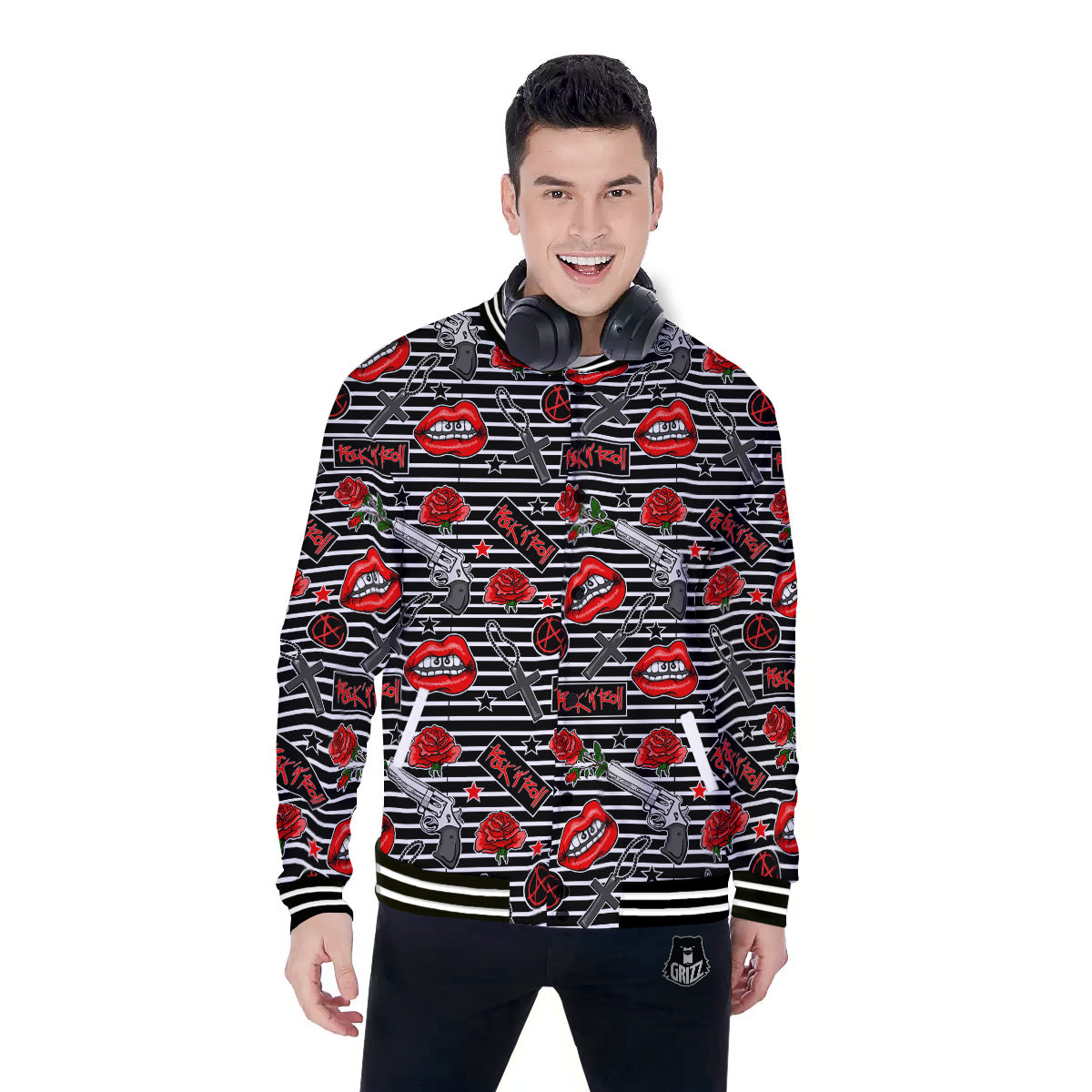 Rock’N’Roll Stiped Black White Print Pattern Baseball Jacket-grizzshop