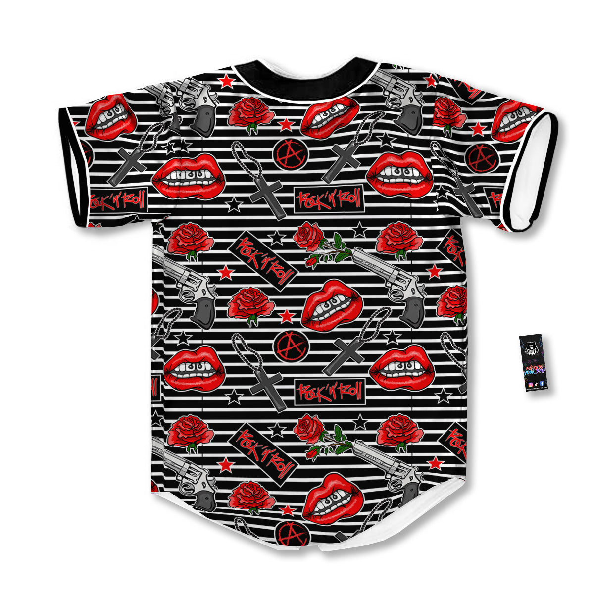Rock’N’Roll Stiped Black White Print Pattern Baseball Jersey-grizzshop