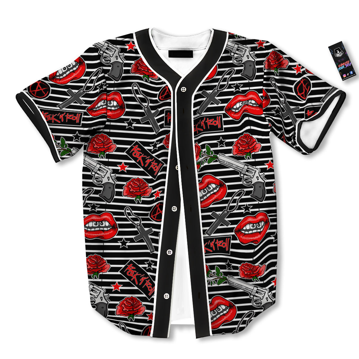 Rock’N’Roll Stiped Black White Print Pattern Baseball Jersey-grizzshop