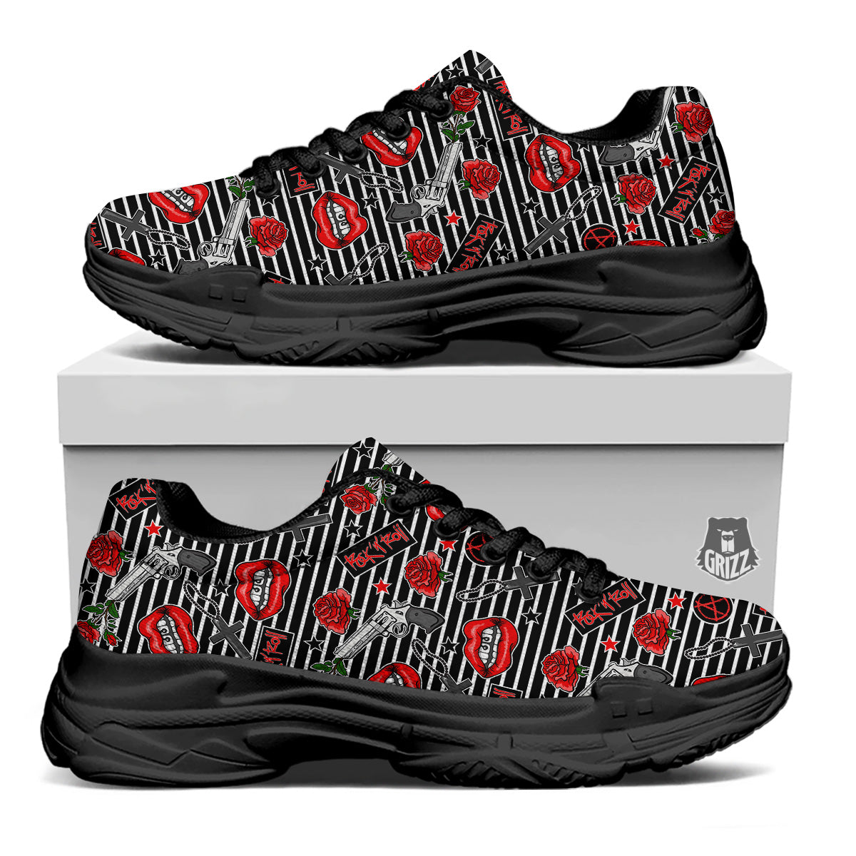 Rock’N’Roll Stiped Black White Print Pattern Black Chunky Shoes-grizzshop