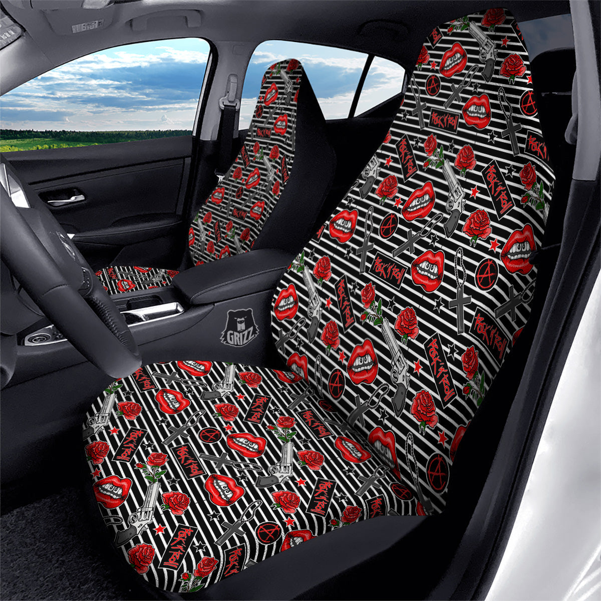 Rock’N’Roll Stiped Black White Print Pattern Car Seat Covers-grizzshop