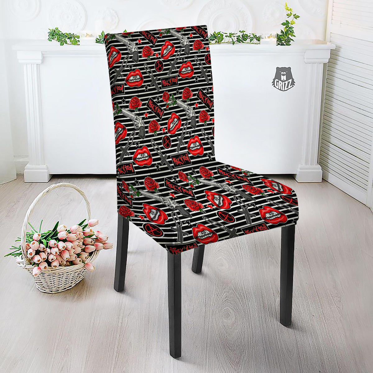 Rock’N’Roll Stiped Black White Print Pattern Dining Chair Slipcover-grizzshop