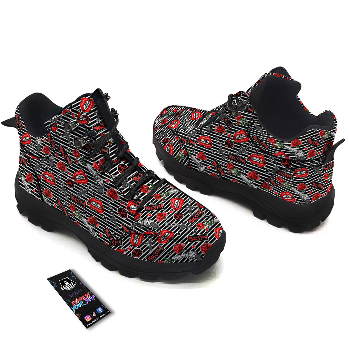 Rock’N’Roll Stiped Black White Print Pattern Hiking Shoes-grizzshop