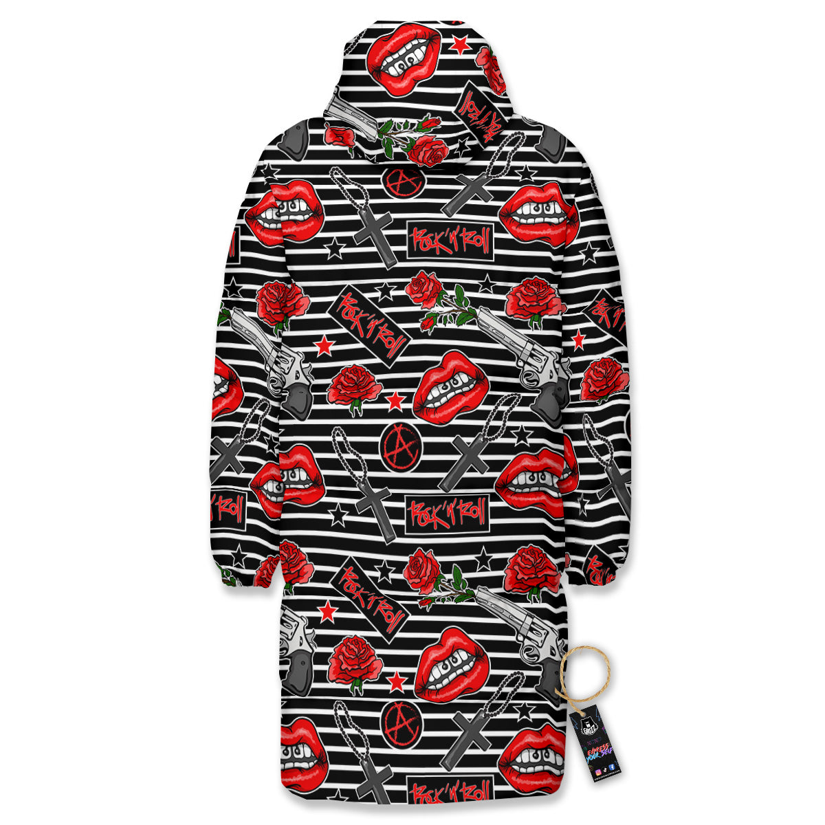 Rock’N’Roll Stiped Black White Print Pattern Long Down Jacket-grizzshop