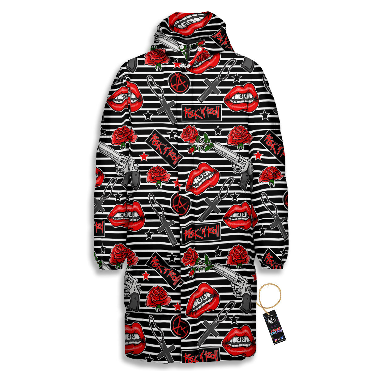 Rock’N’Roll Stiped Black White Print Pattern Long Down Jacket-grizzshop