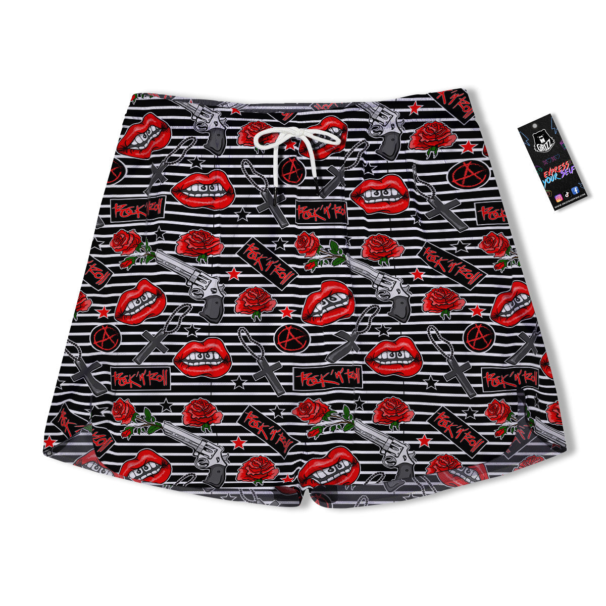 Rock’N’Roll Stiped Black White Print Pattern Men's Running Shorts-grizzshop