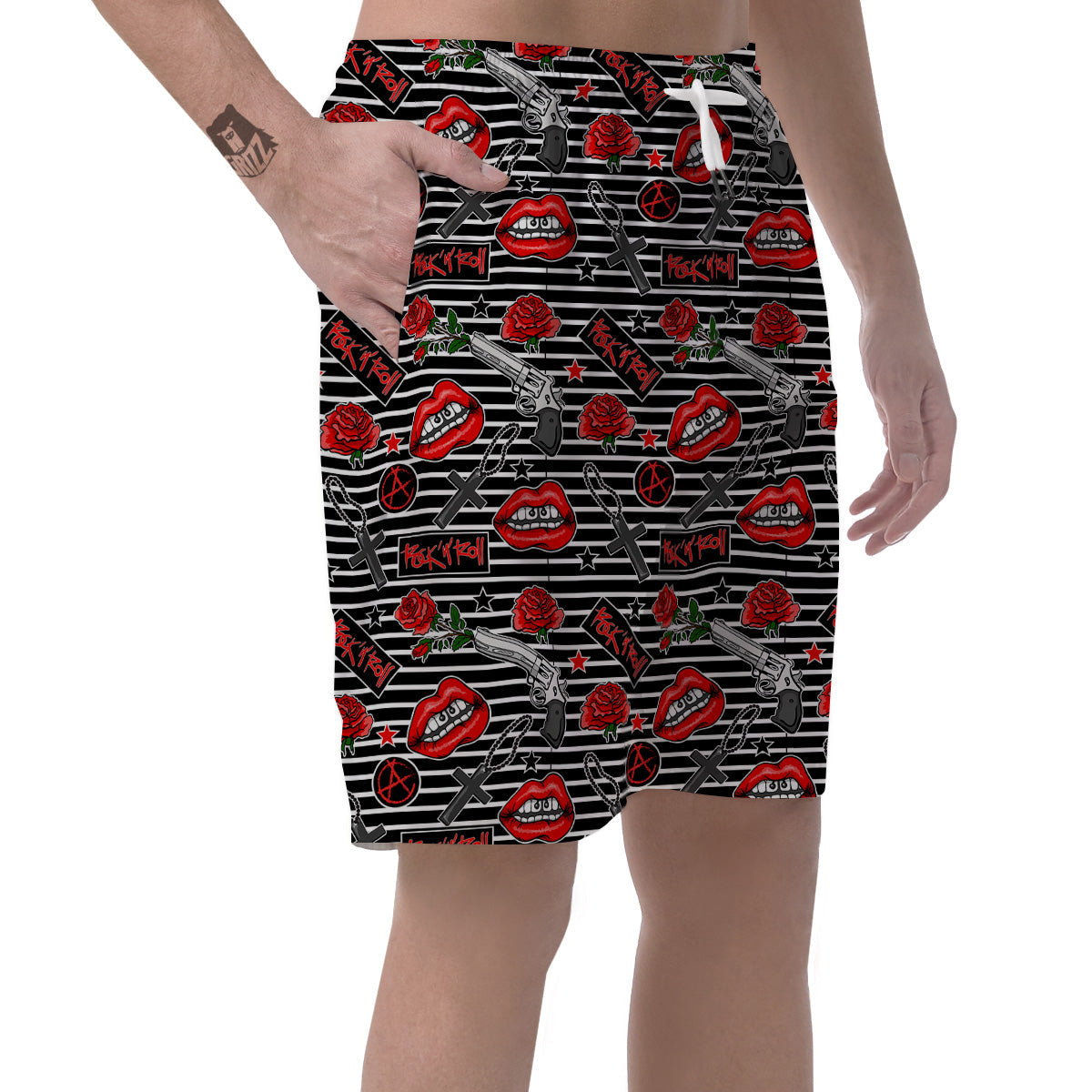 Rock’N’Roll Stiped Black White Print Pattern Men's Shorts-grizzshop