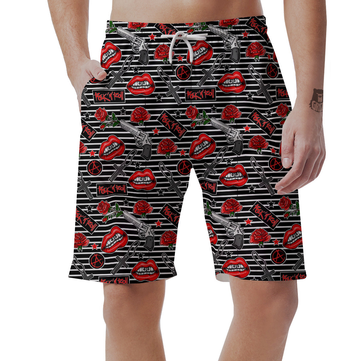 Rock’N’Roll Stiped Black White Print Pattern Men's Shorts-grizzshop