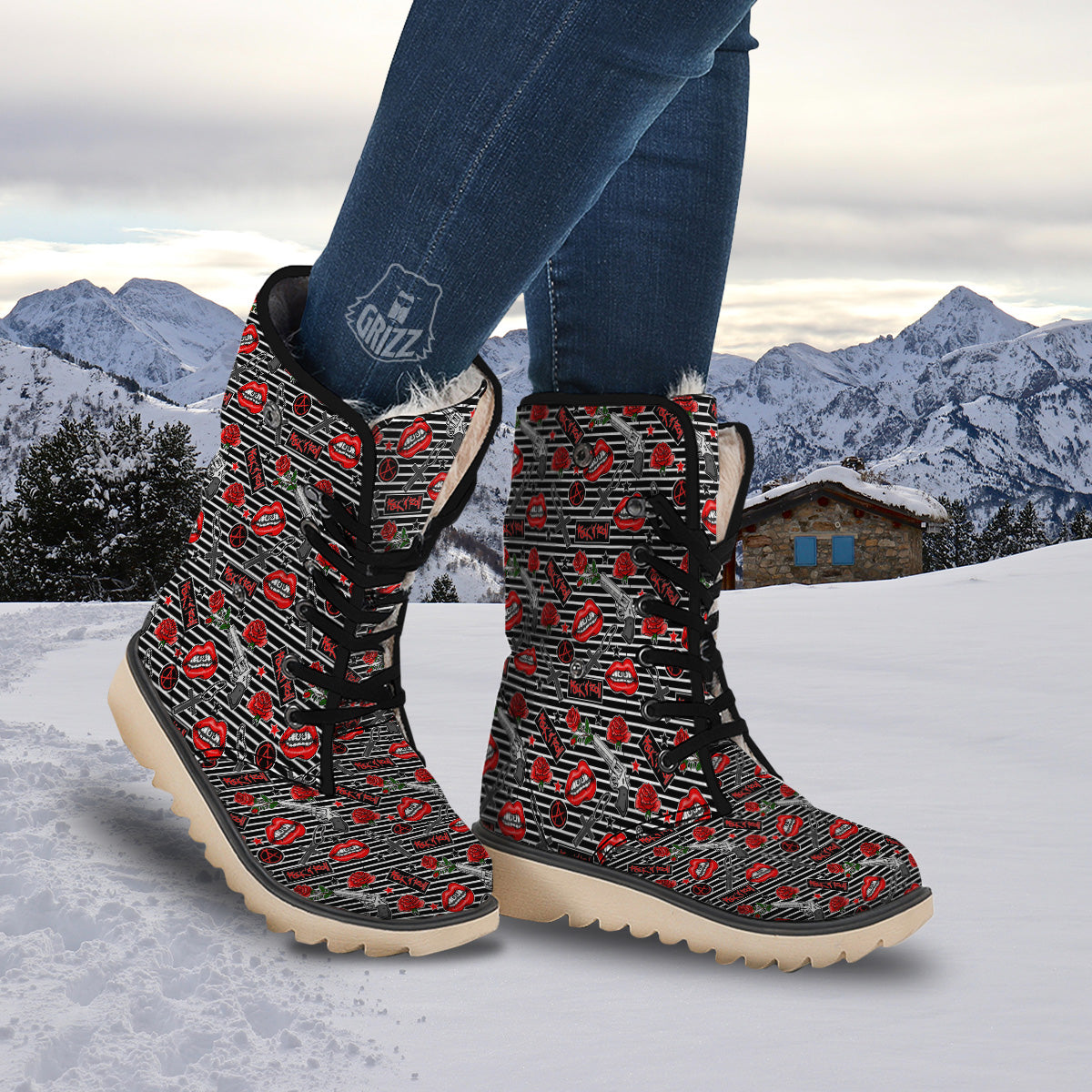 Rock’N’Roll Stiped Black White Print Pattern Snow Boots-grizzshop