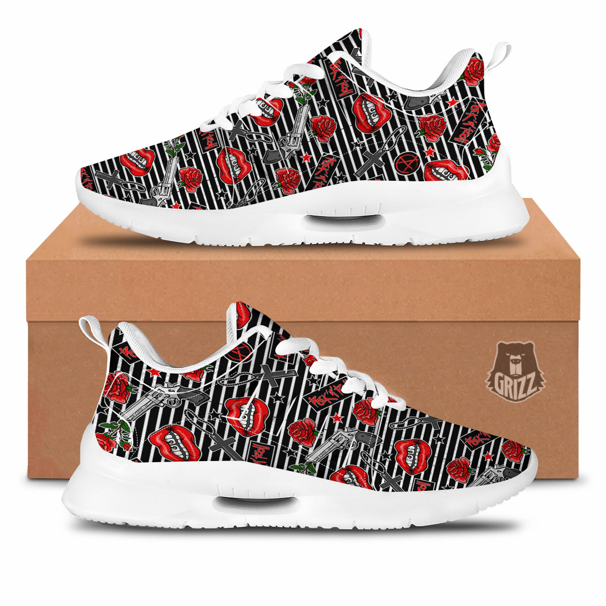 Rock’N’Roll Stiped Black White Print Pattern Tennis Shoes-grizzshop