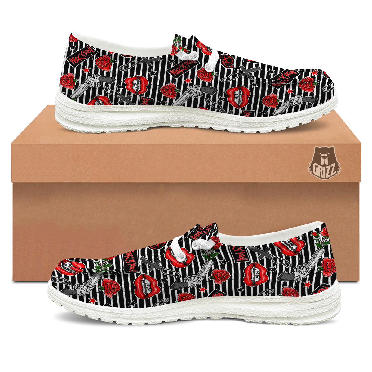Rock’N’Roll Stiped Black White Print Pattern White Loafers-grizzshop