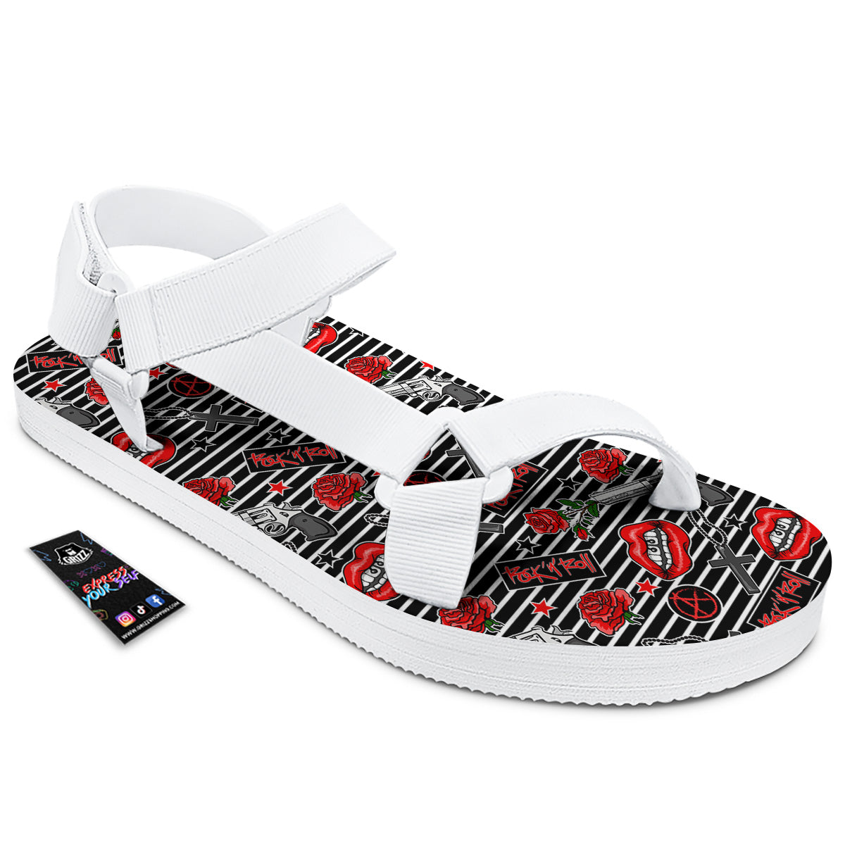 Rock’N’Roll Stiped Black White Print Pattern White Open Toe Sandals-grizzshop
