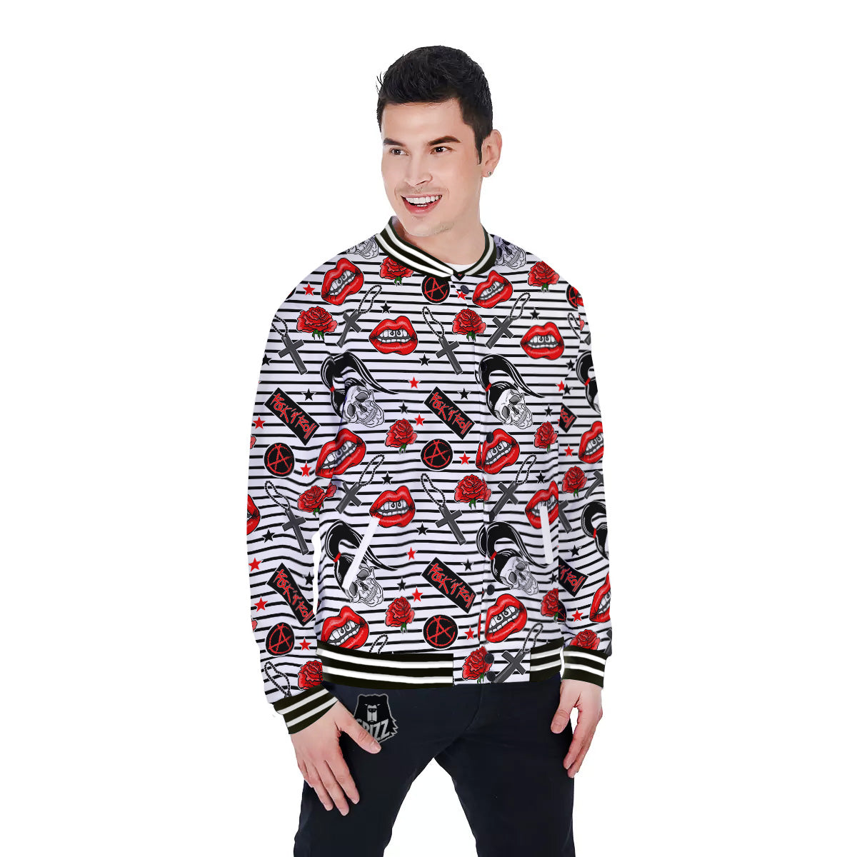 Rock’N’Roll Stiped White Black Print Pattern Baseball Jacket-grizzshop