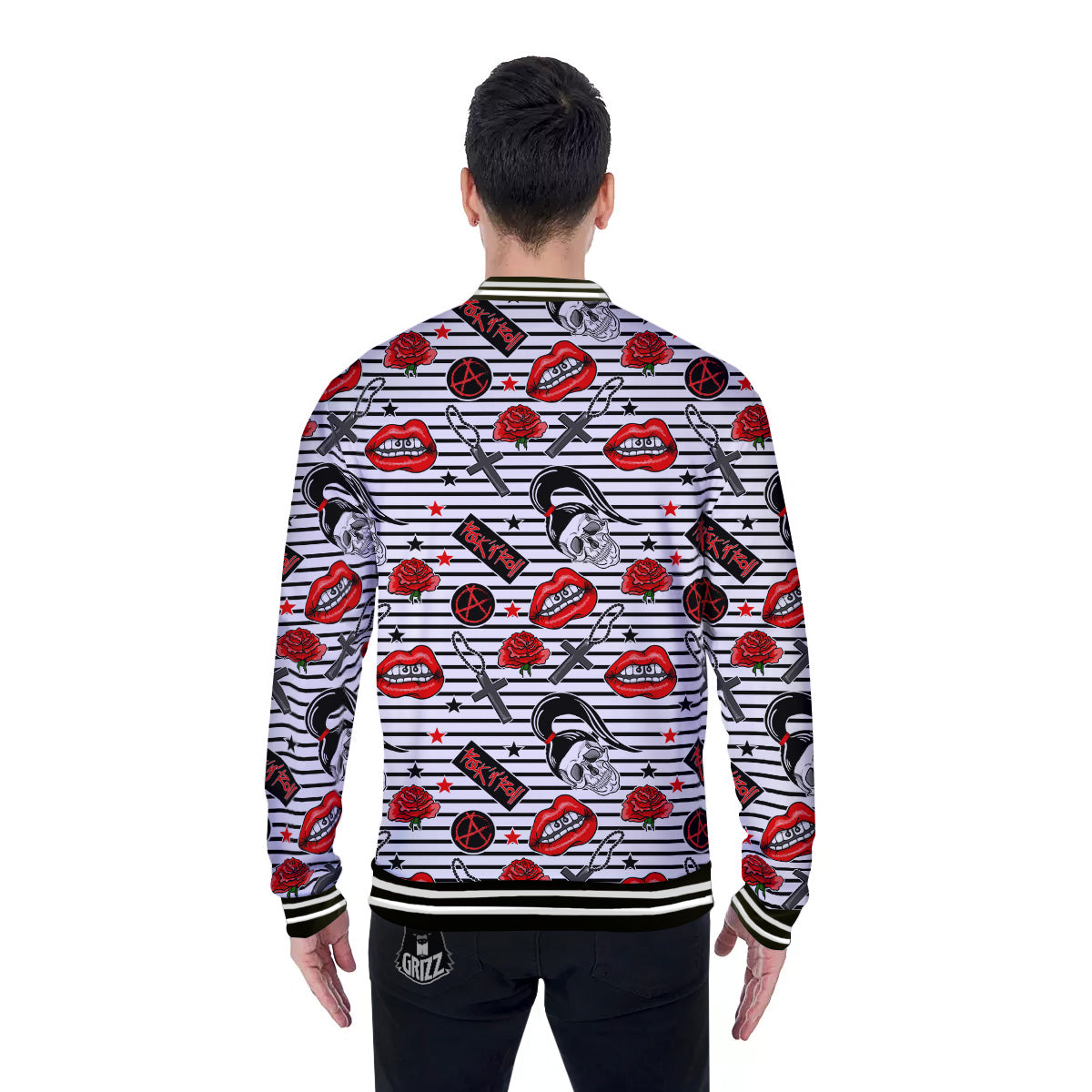 Rock’N’Roll Stiped White Black Print Pattern Baseball Jacket-grizzshop