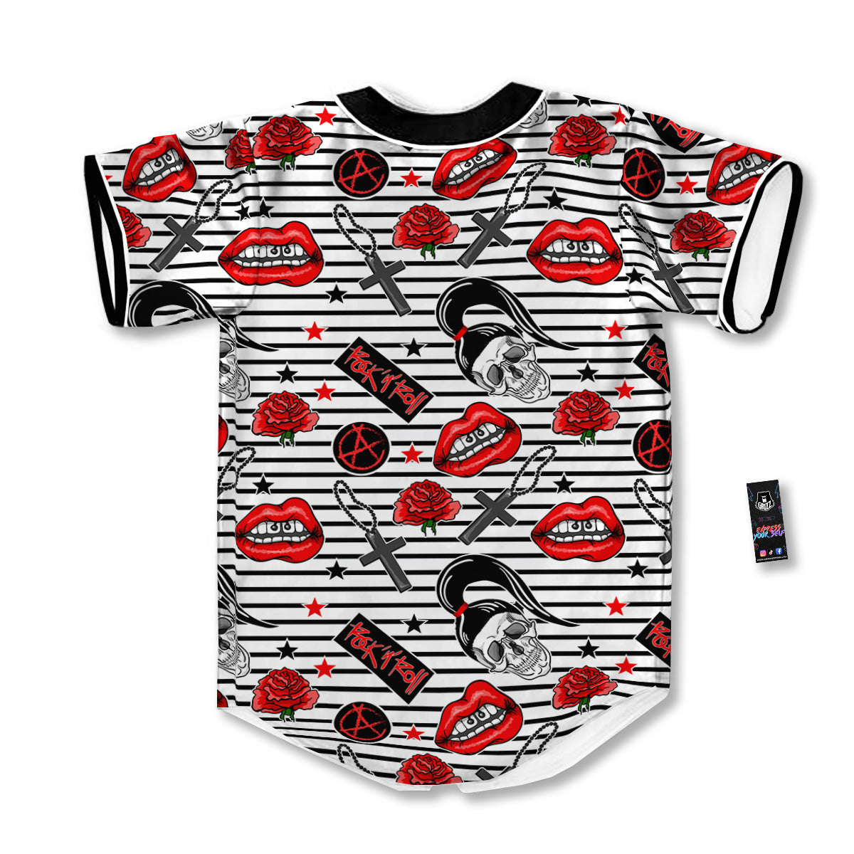 Rock’N’Roll Stiped White Black Print Pattern Baseball Jersey-grizzshop