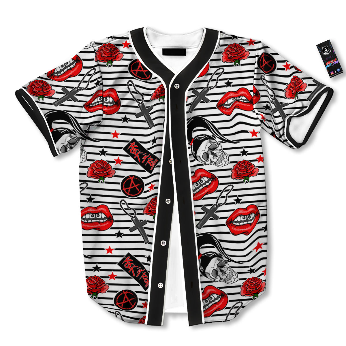 Rock’N’Roll Stiped White Black Print Pattern Baseball Jersey-grizzshop