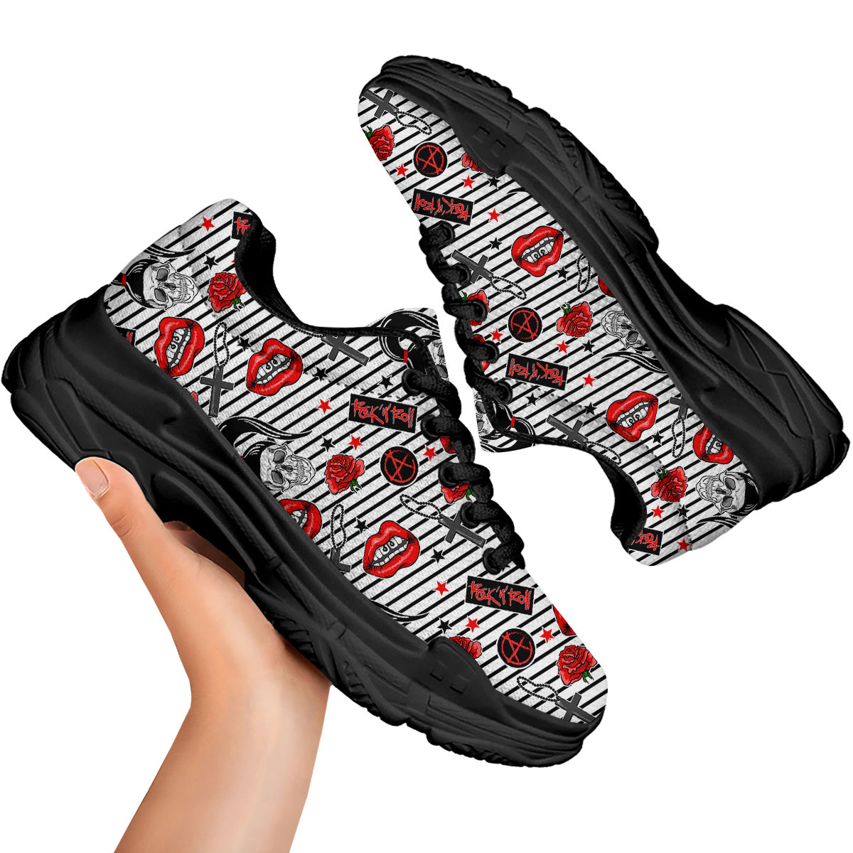 Rock’N’Roll Stiped White Black Print Pattern Black Chunky Shoes-grizzshop