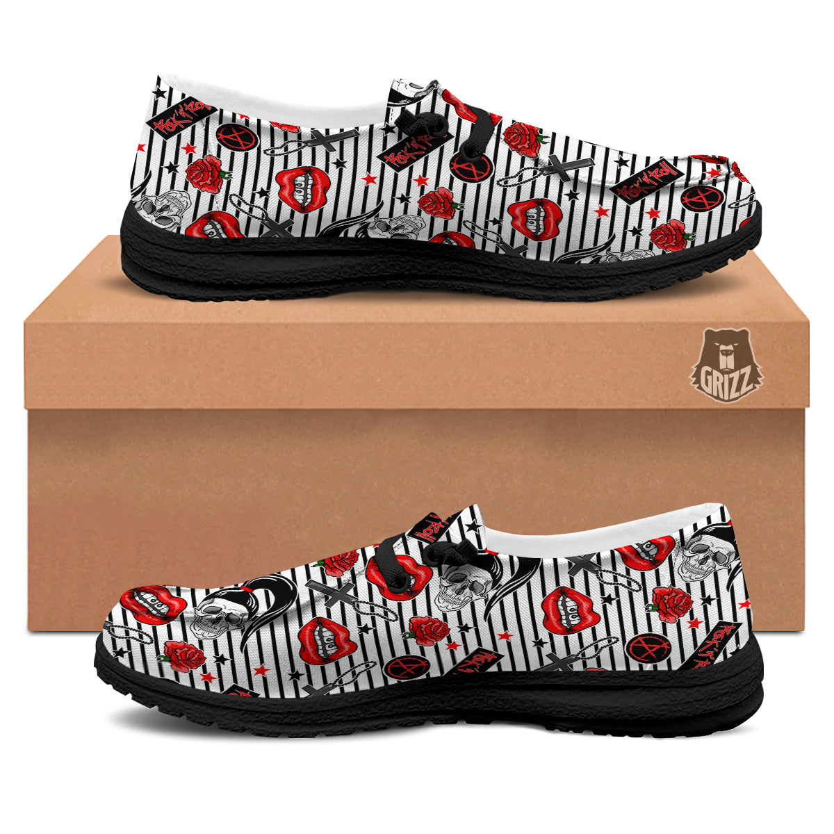 Rock’N’Roll Stiped White Black Print Pattern Black Loafers-grizzshop
