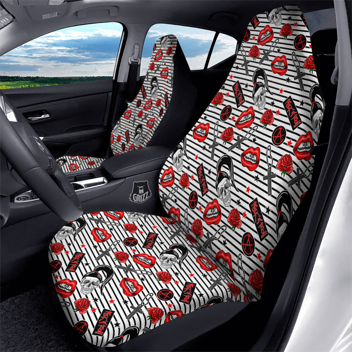 Rock’N’Roll Stiped White Black Print Pattern Car Seat Covers-grizzshop