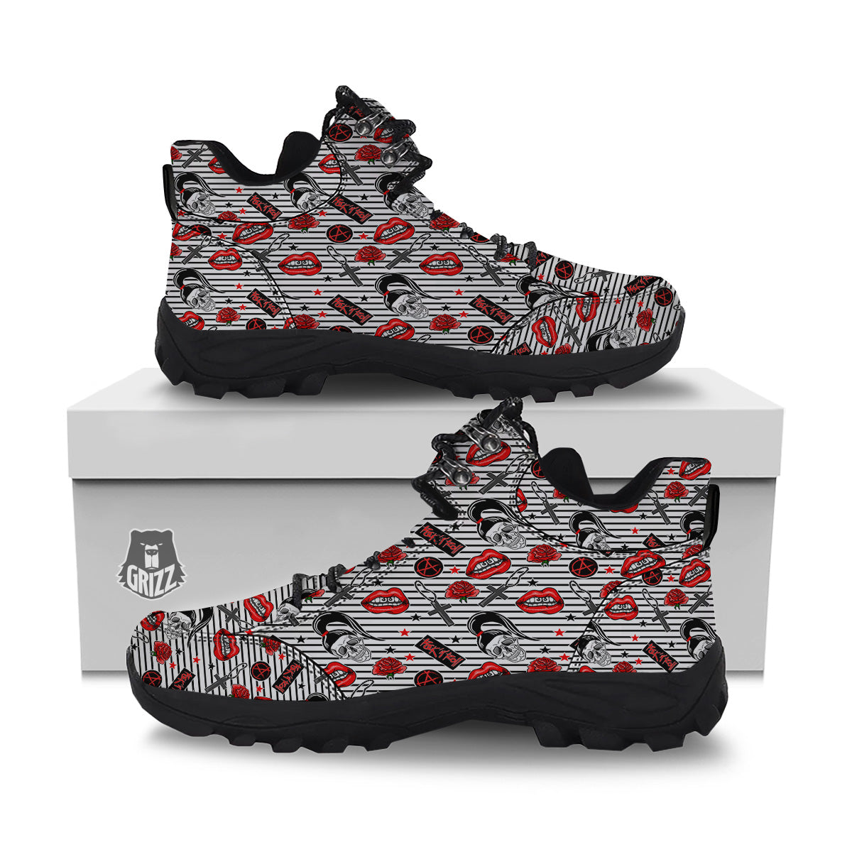 Rock’N’Roll Stiped White Black Print Pattern Hiking Shoes-grizzshop