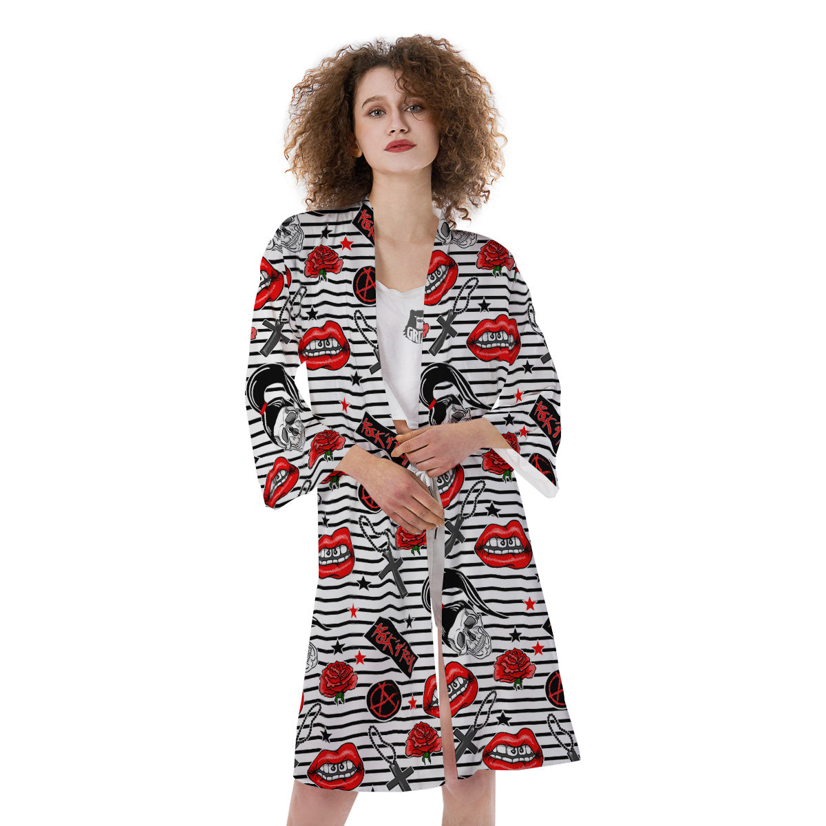 Rock’N’Roll Stiped White Black Print Pattern Kimono-grizzshop