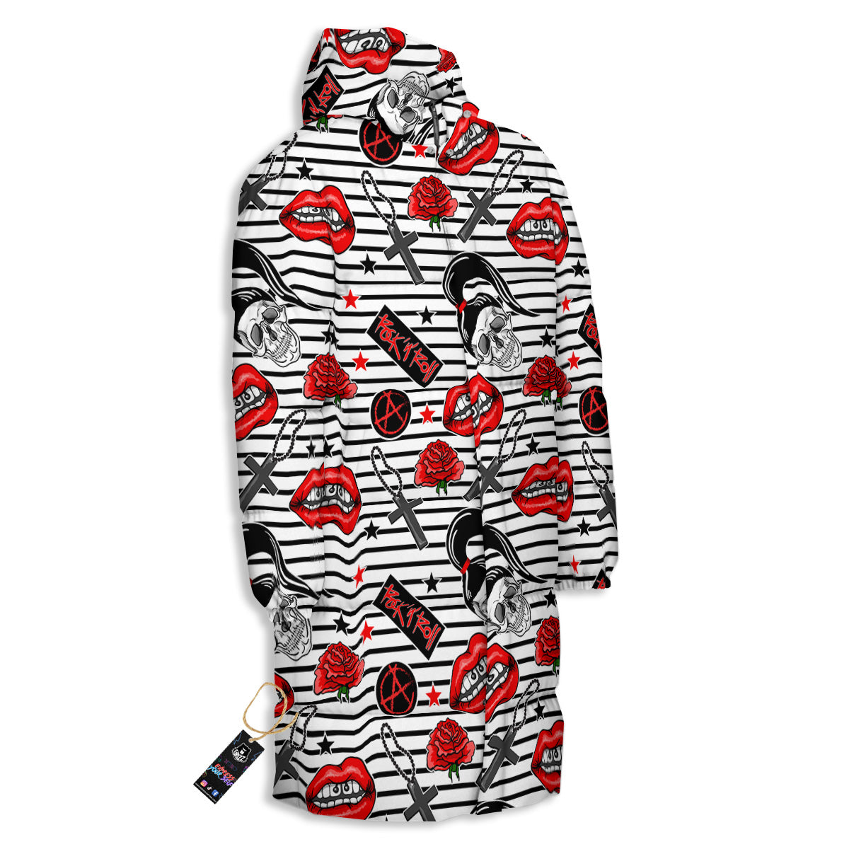 Rock’N’Roll Stiped White Black Print Pattern Long Down Jacket-grizzshop