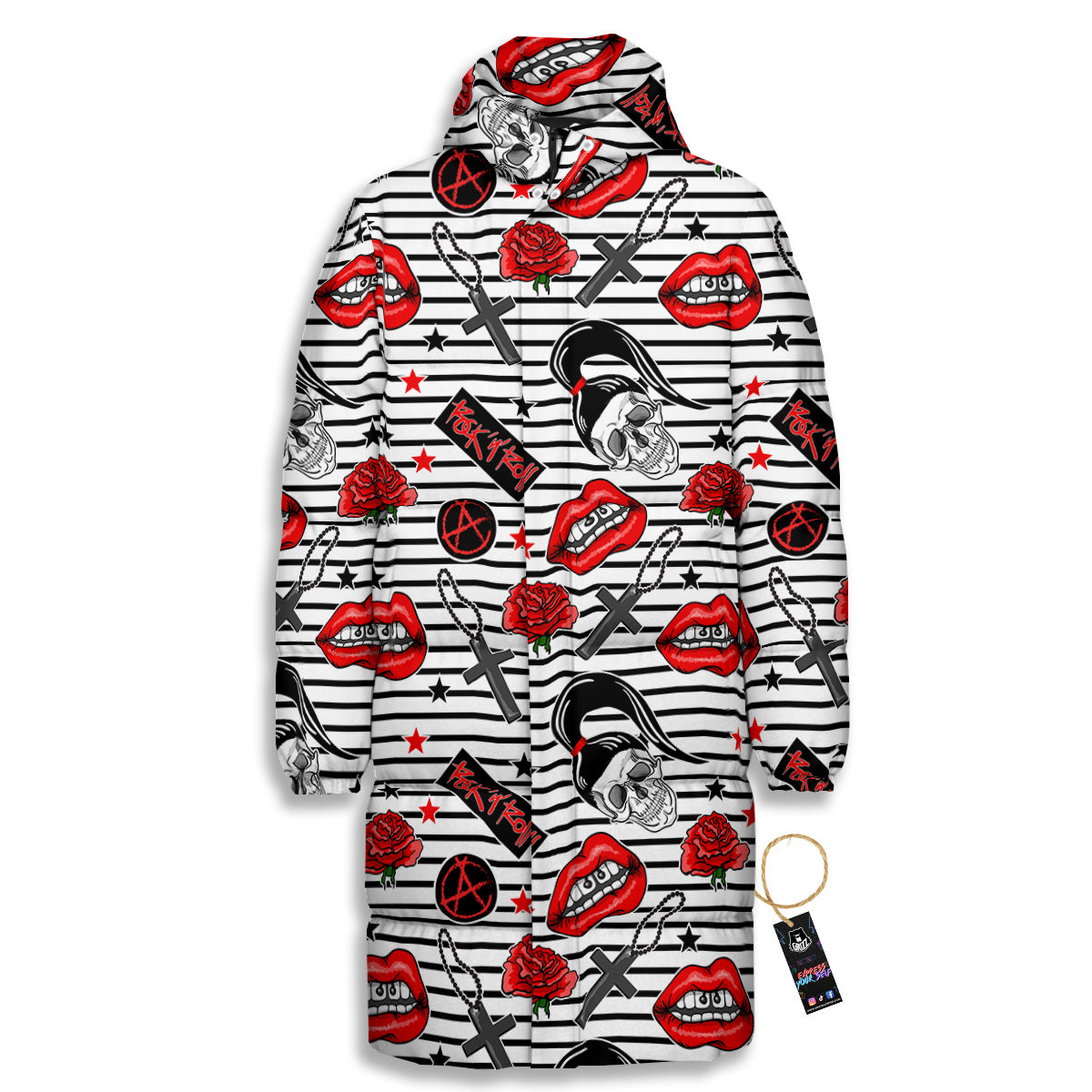 Rock’N’Roll Stiped White Black Print Pattern Long Down Jacket-grizzshop