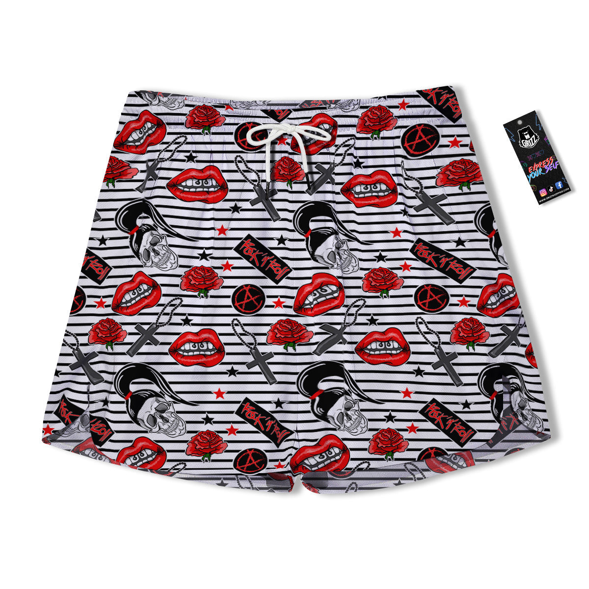 Rock’N’Roll Stiped White Black Print Pattern Men's Running Shorts-grizzshop