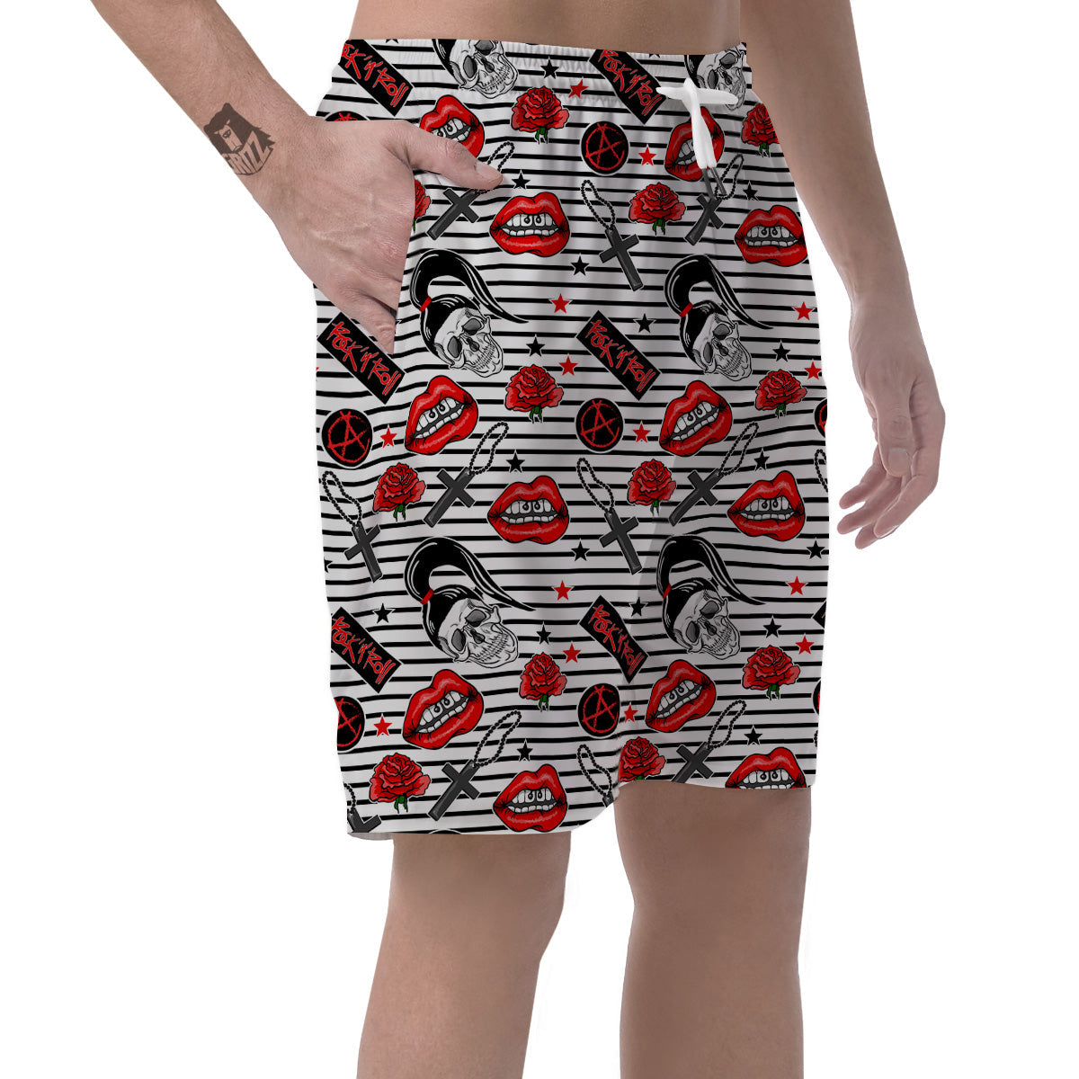 Rock’N’Roll Stiped White Black Print Pattern Men's Shorts-grizzshop