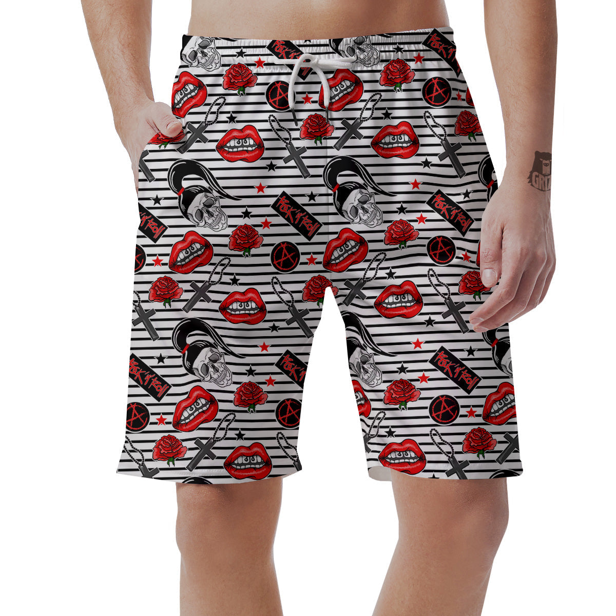 Rock’N’Roll Stiped White Black Print Pattern Men's Shorts-grizzshop