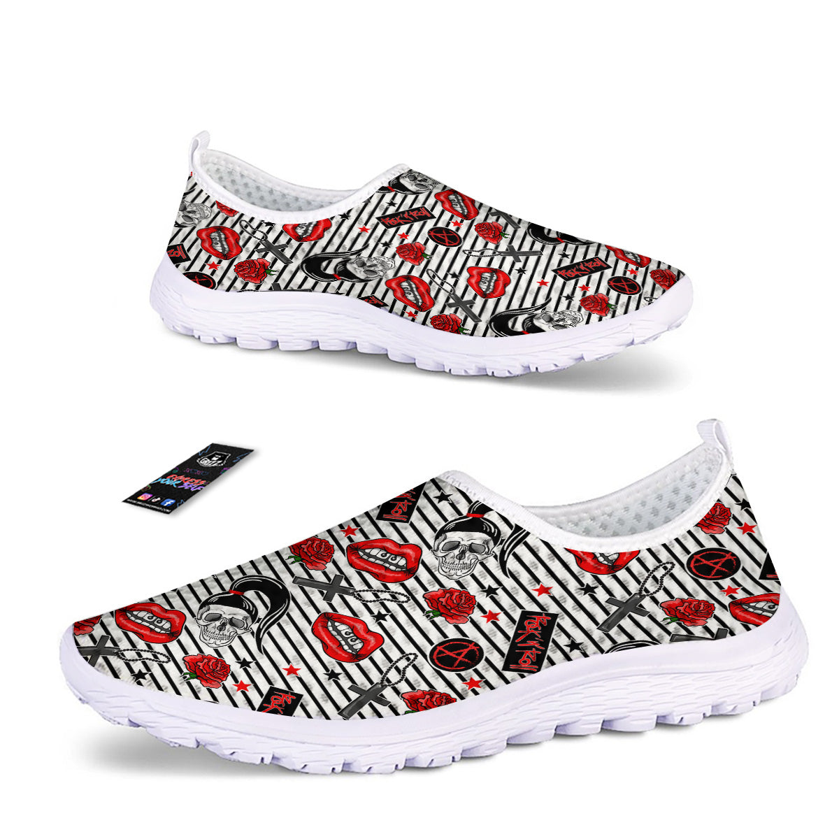 Rock’N’Roll Stiped White Black Print Pattern Nurse Shoes-grizzshop