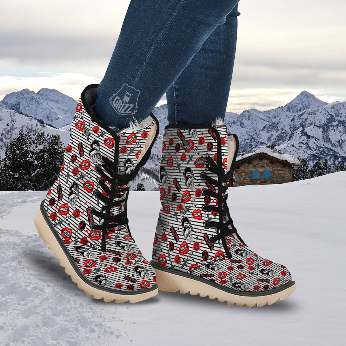 Rock’N’Roll Stiped White Black Print Pattern Snow Boots-grizzshop