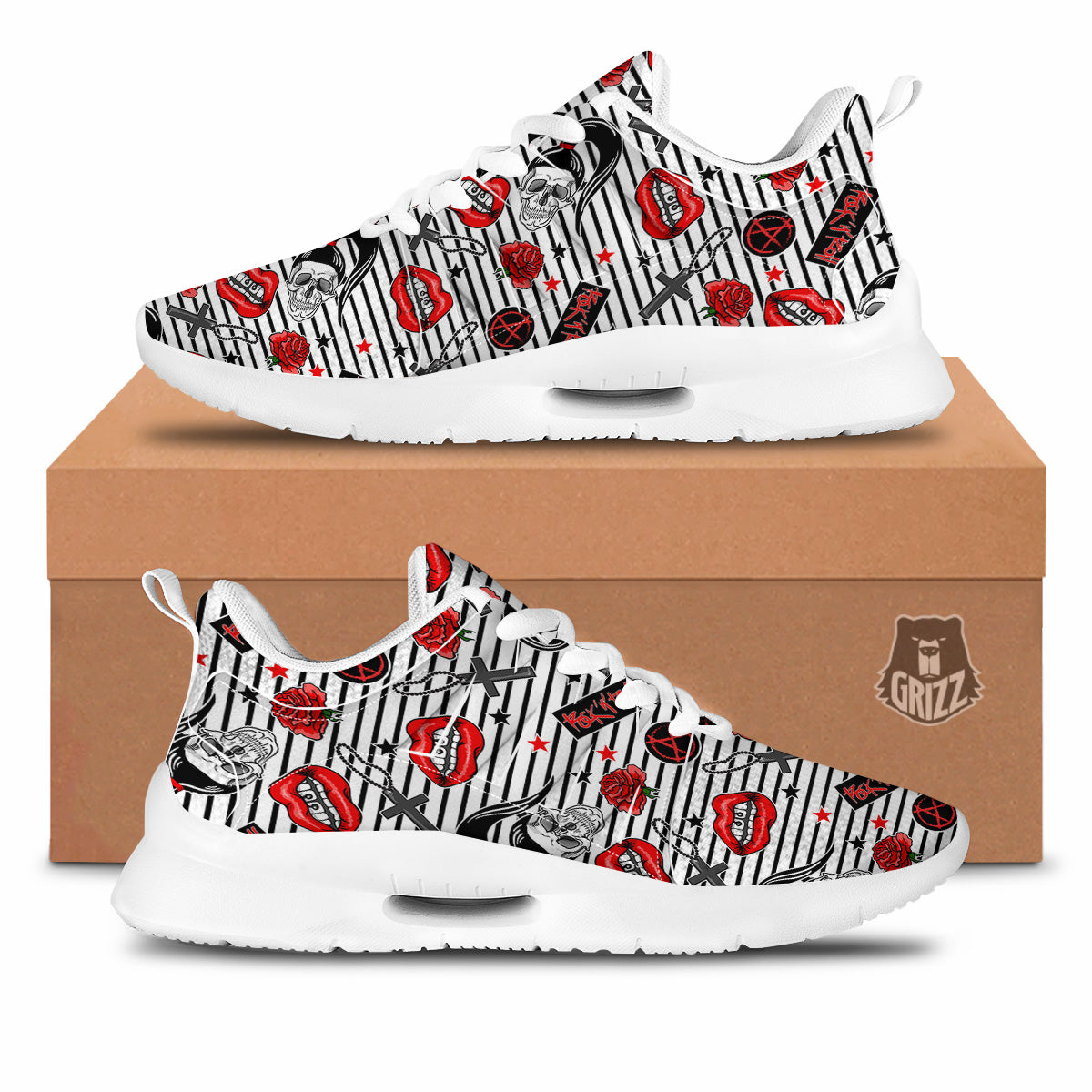 Rock’N’Roll Stiped White Black Print Pattern Tennis Shoes-grizzshop