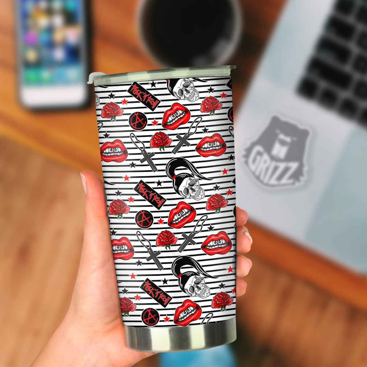 Rock’N’Roll Stiped White Black Print Pattern Tumbler-grizzshop