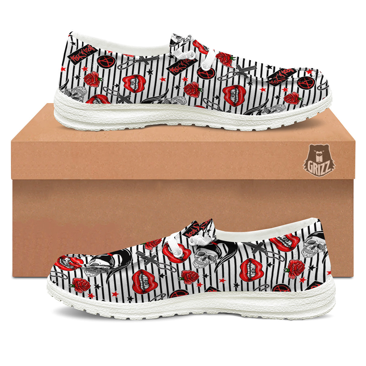 Rock’N’Roll Stiped White Black Print Pattern White Loafers-grizzshop