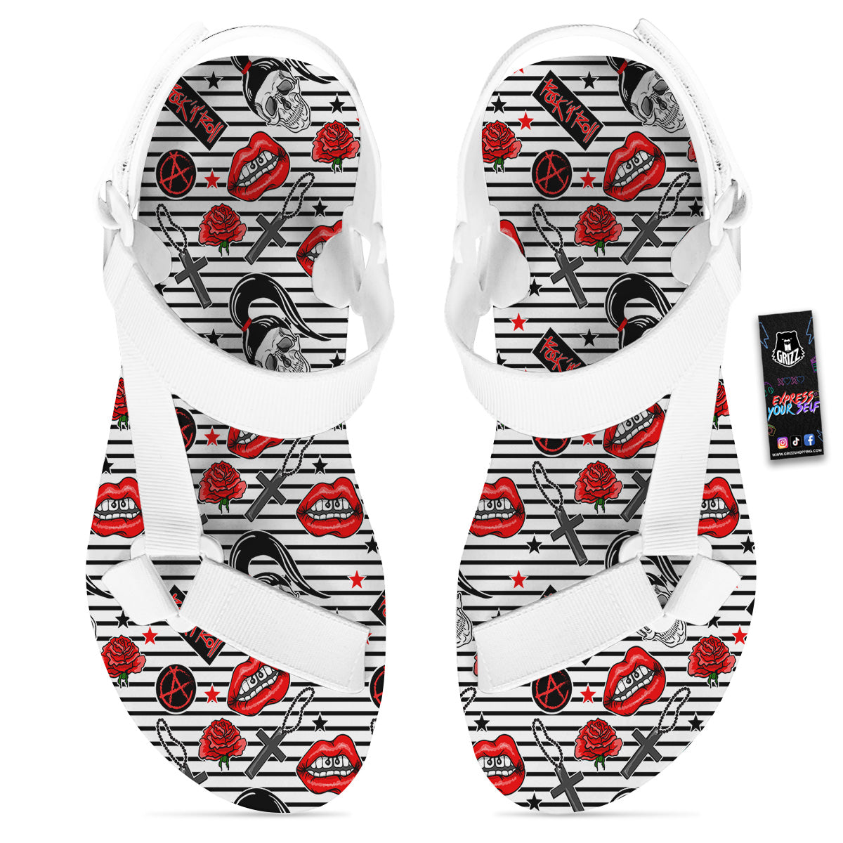 Rock’N’Roll Stiped White Black Print Pattern White Open Toe Sandals-grizzshop