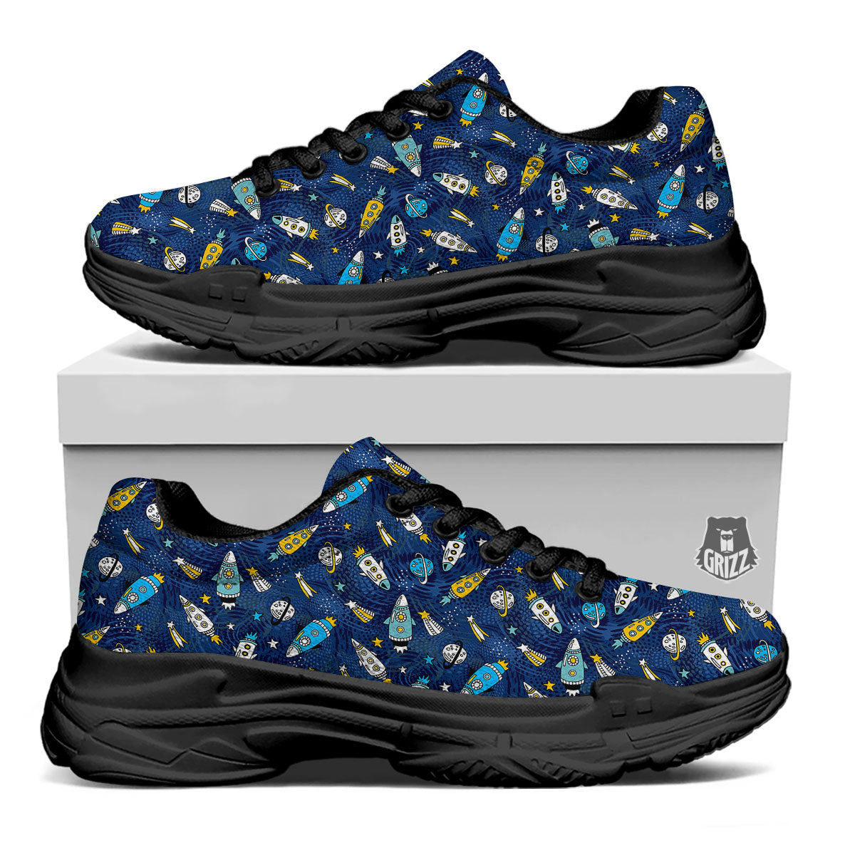 Rocket Doodle Print Pattern Black Chunky Shoes-grizzshop