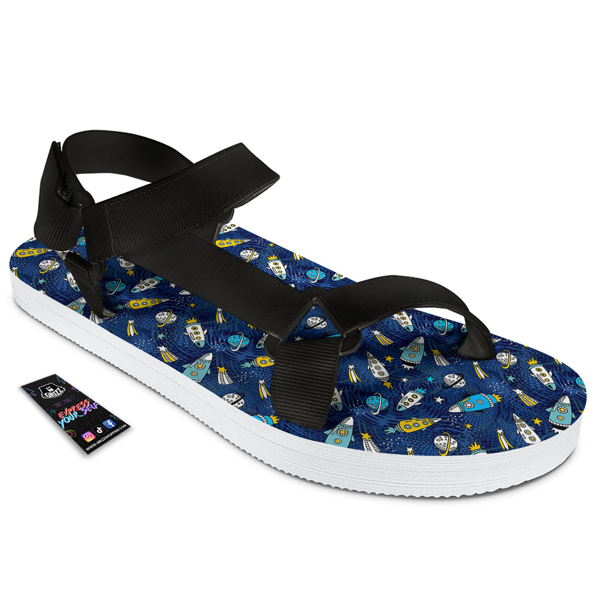 Rocket Doodle Print Pattern Black Open Toe Sandals-grizzshop