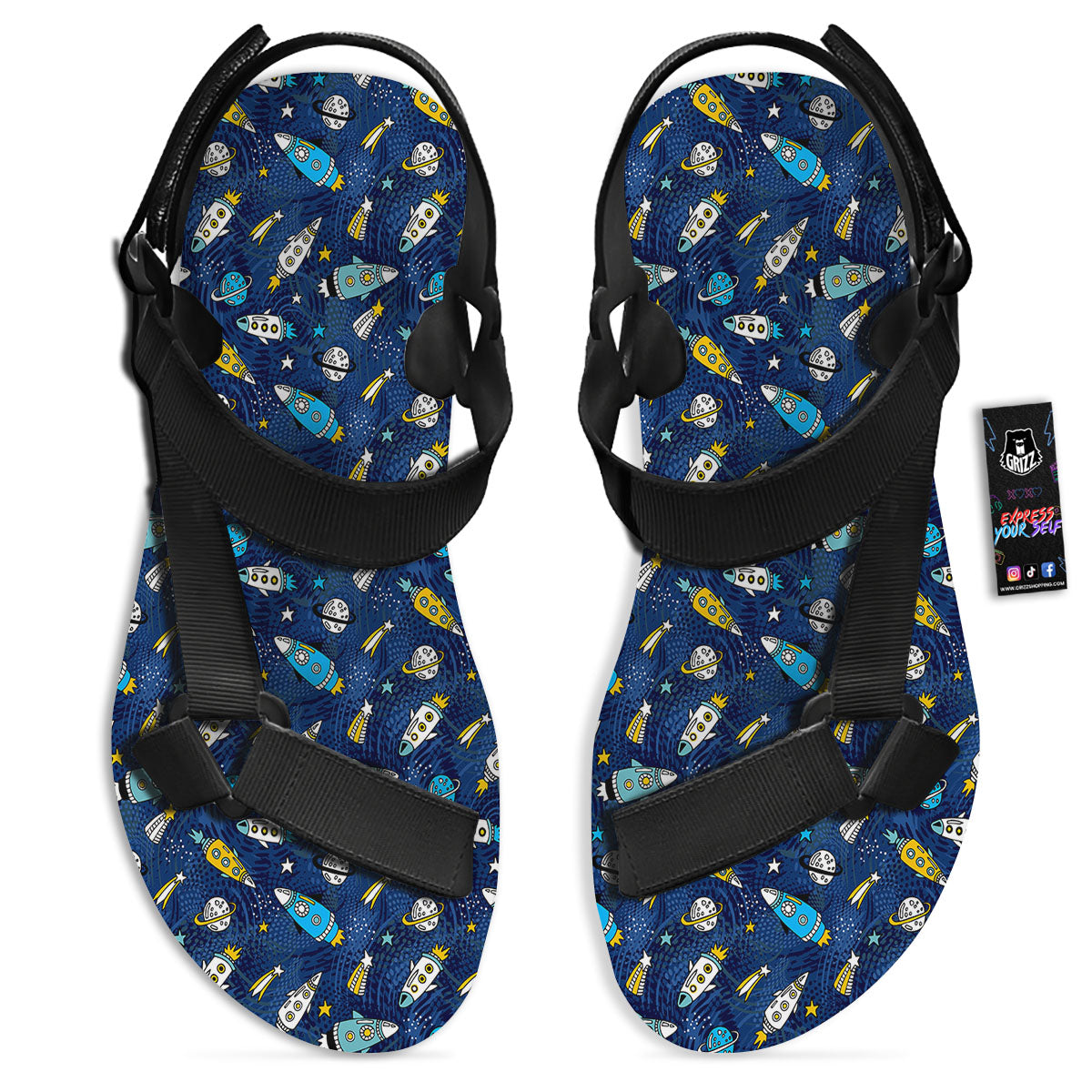 Rocket Doodle Print Pattern Black Open Toe Sandals-grizzshop
