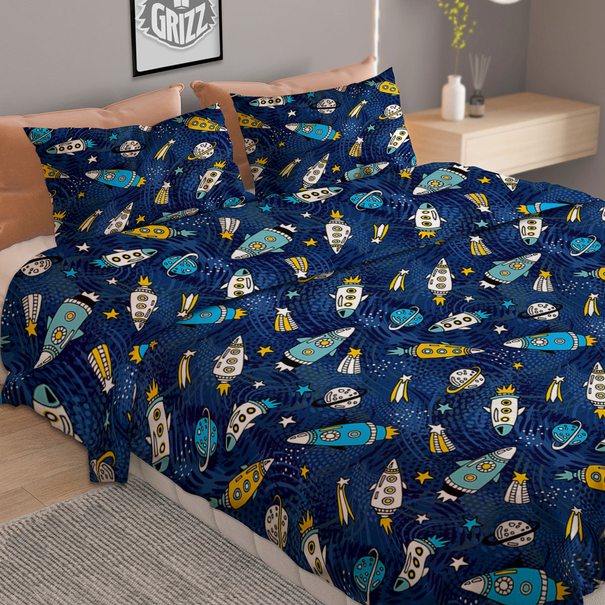 Rocket Doodle Print Pattern Duvet Cover Bedding Set-grizzshop