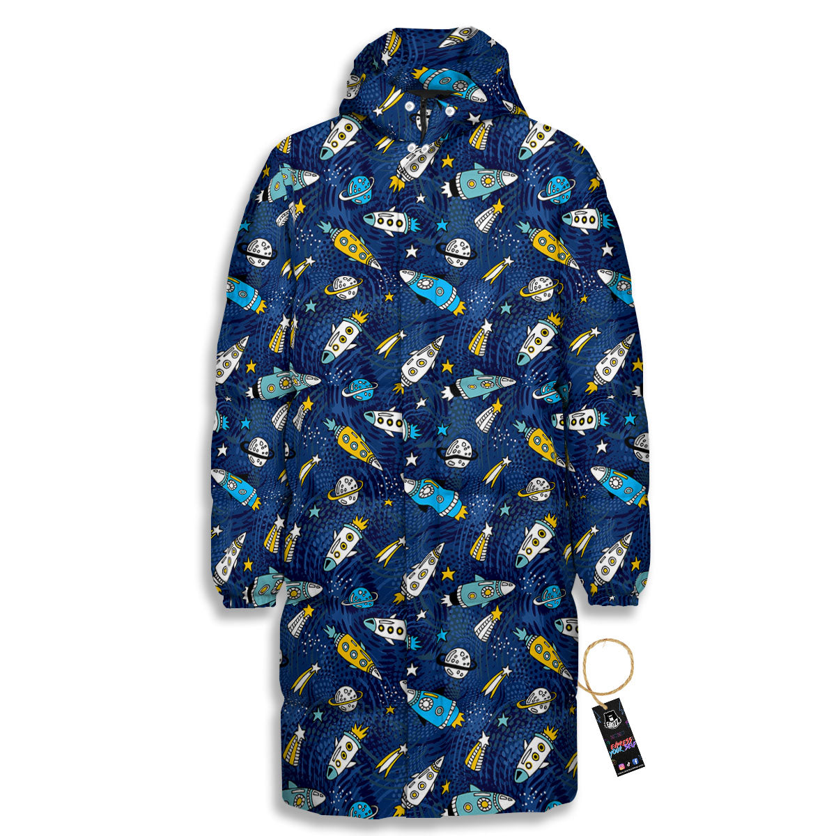 Rocket Doodle Print Pattern Long Down Jacket-grizzshop