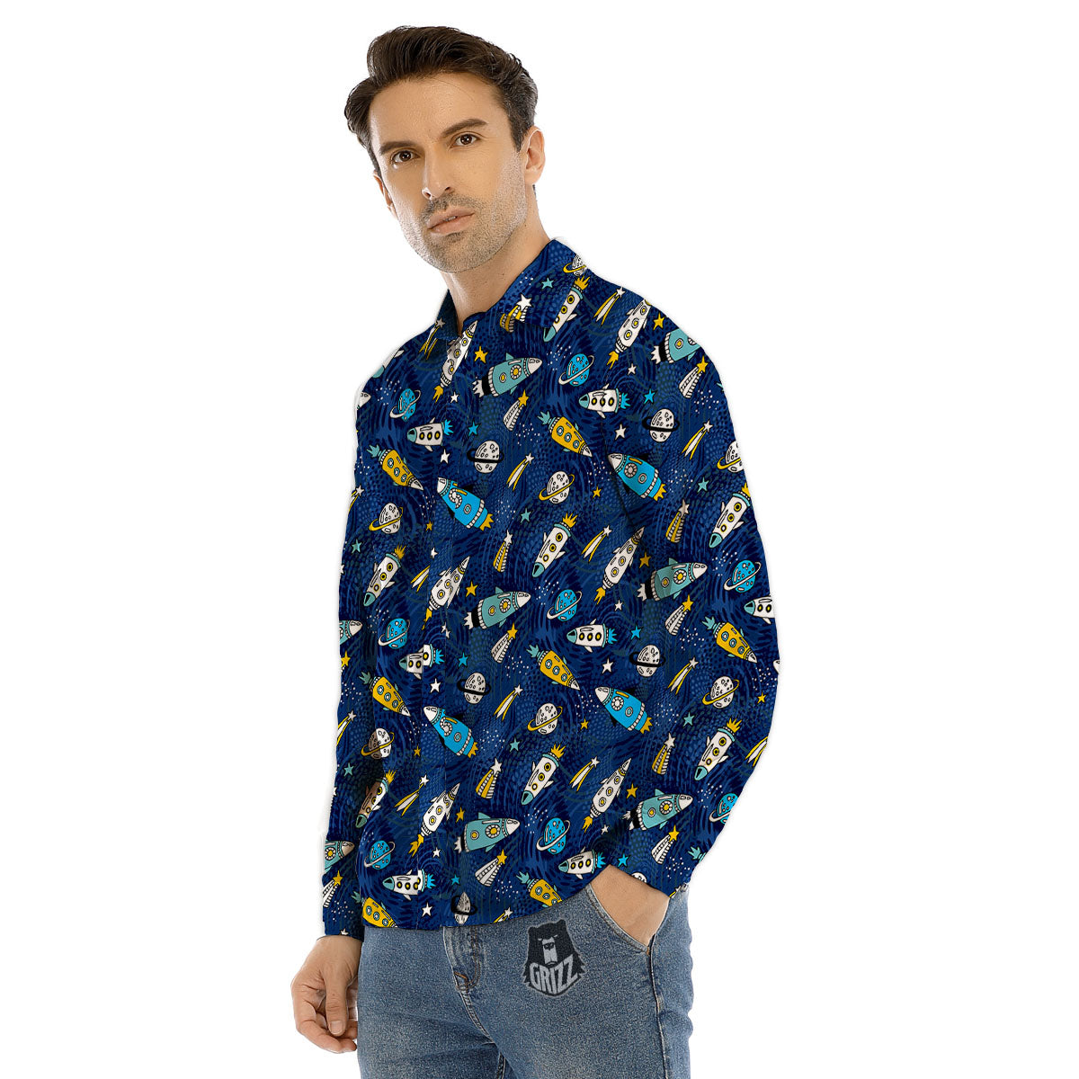 Rocket Doodle Print Pattern Men's Dress Shirts-grizzshop