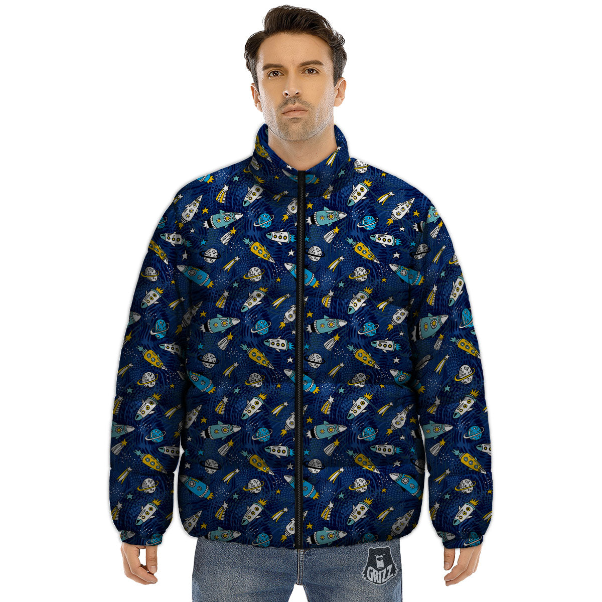 Rocket Doodle Print Pattern Puffer Jacket-grizzshop