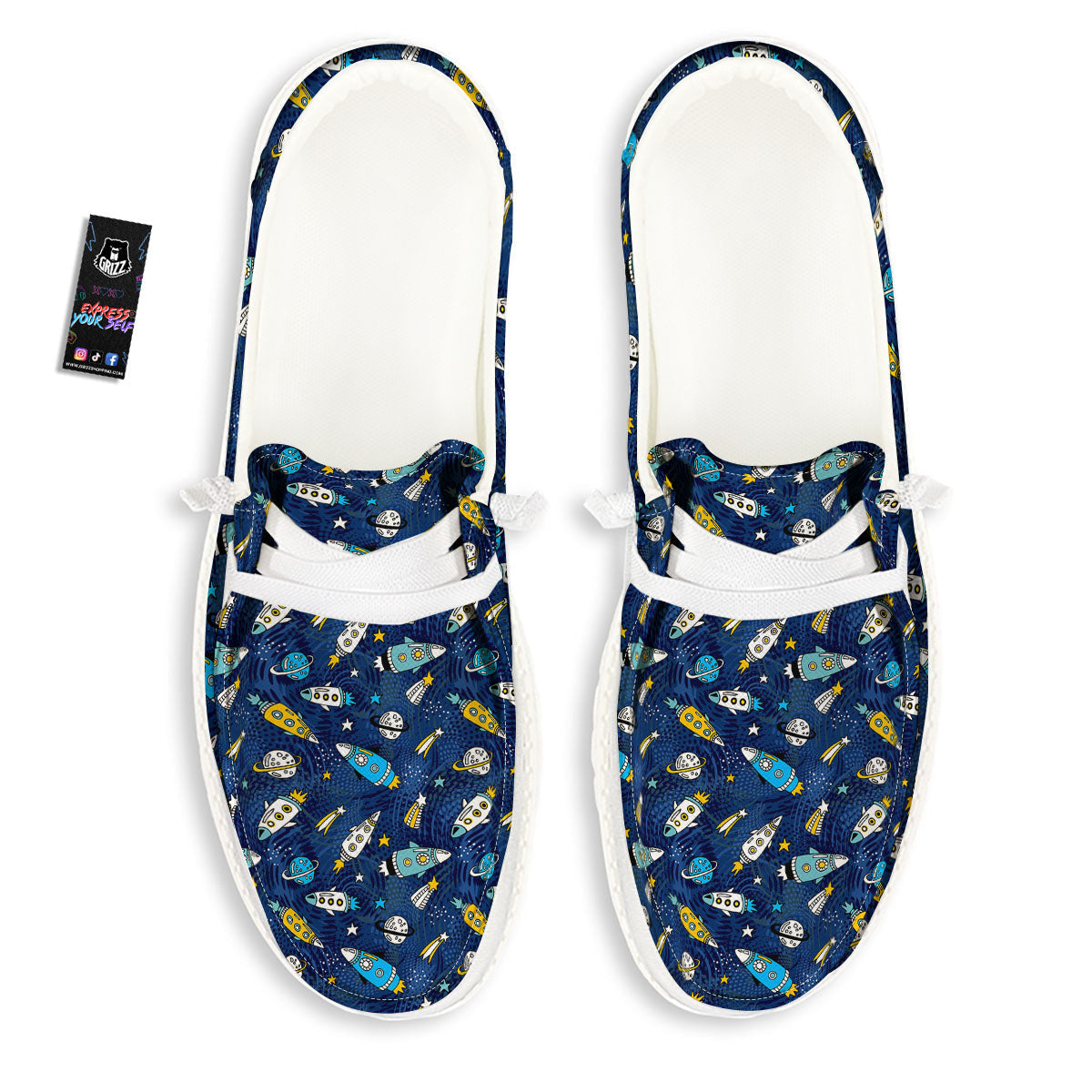 Rocket Doodle Print Pattern White Loafers-grizzshop