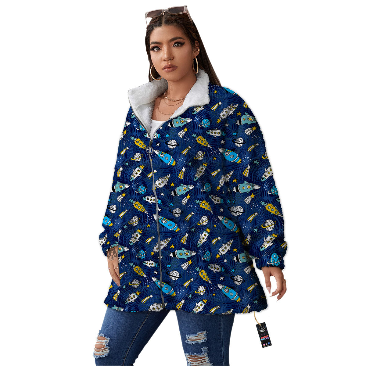 Rocket Doodle Print Pattern Women's Sherpa Jacket-grizzshop